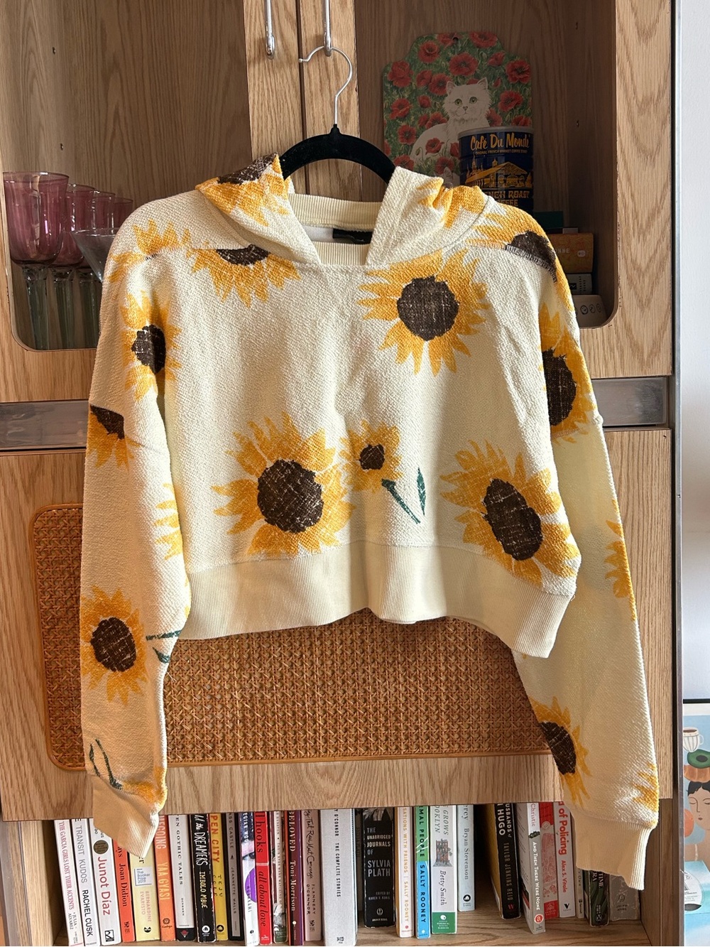 Urban Outfitters Cream Sunflower Cropped Hoodie